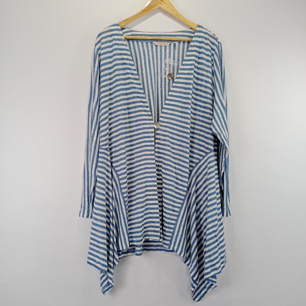 Soft Surroundings Linen Cardigan Blue Stripe V Neck Women Plus Sz 1X NEW!